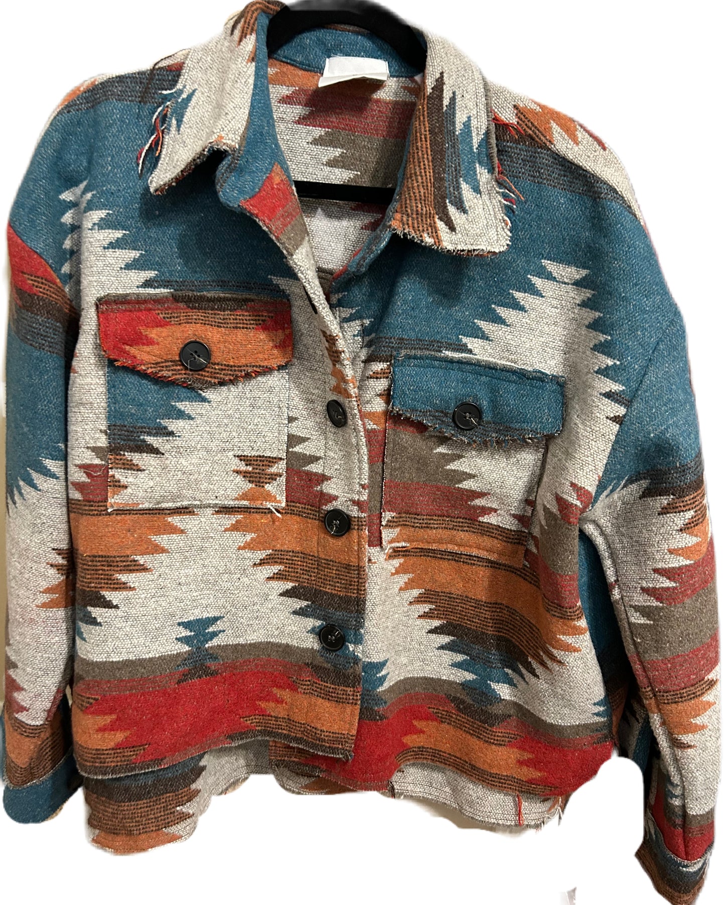 Small Teal Raw Hem Aztec Shacket