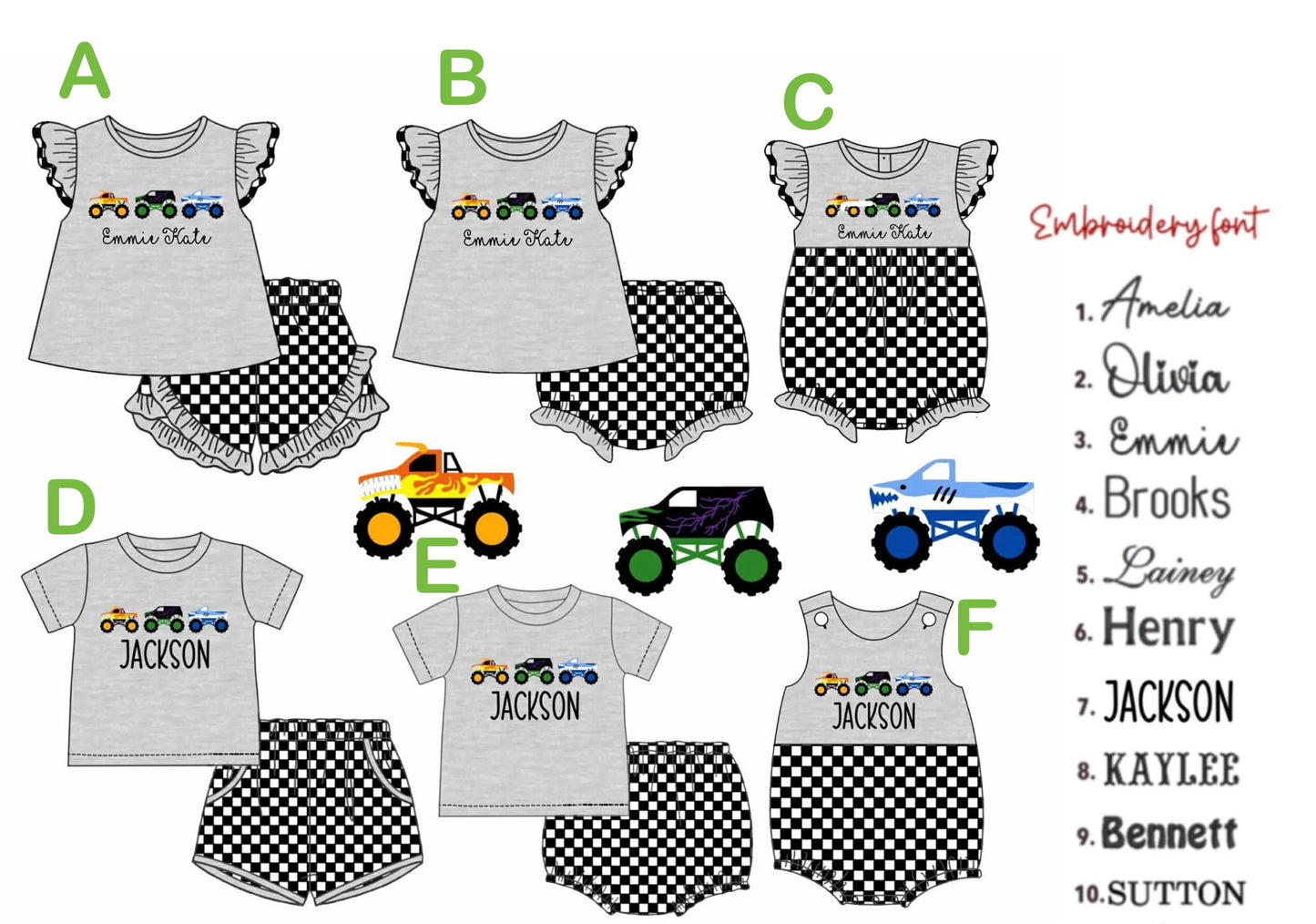 CUSTOM Embroidery Monster Truck Sibling Match *ships End March*