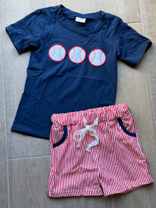 **PRE ORDER** Navy/ Red Striped Baseball Trio Appliqué Set