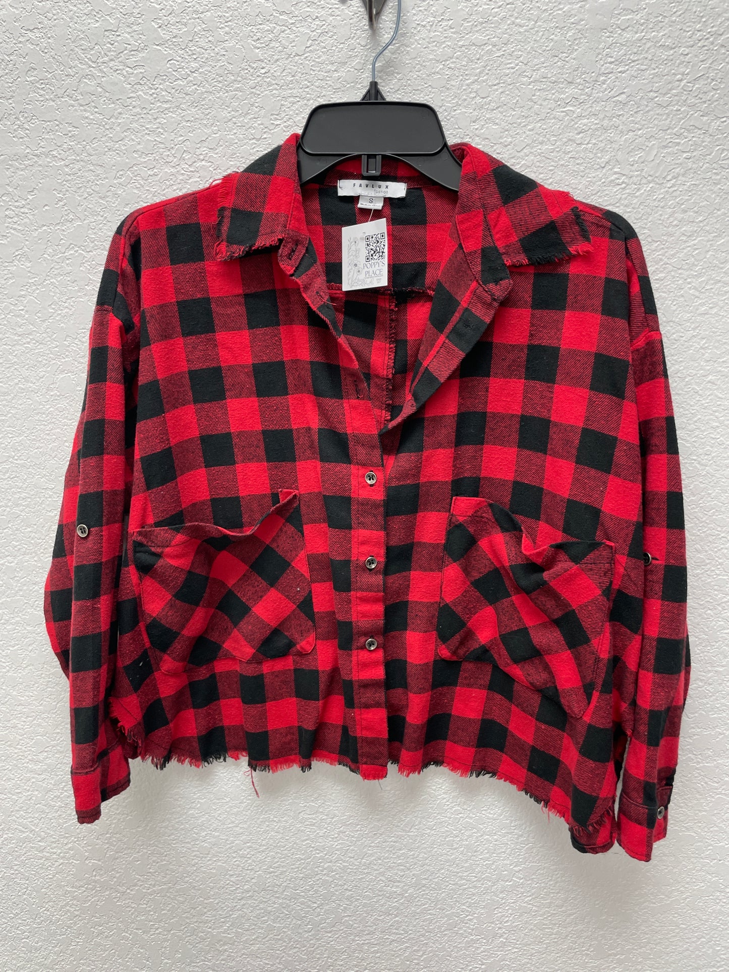 Favlux LS Button Crop Blouse,RED/BLK,S