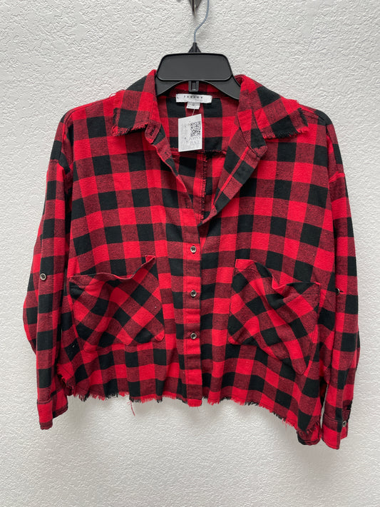 Favlux LS Button Crop Blouse,RED/BLK,S