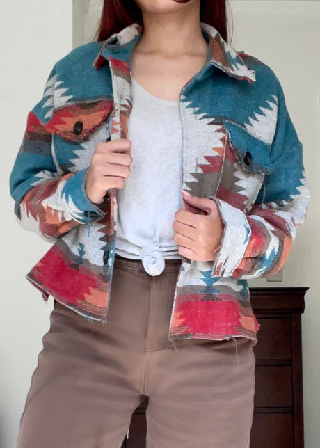 Small Teal Raw Hem Aztec Shacket